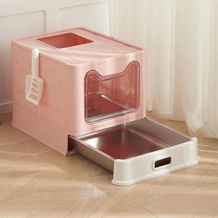 SUPFINE Bac à Litière pour Chat avec 2 Portes, Maison de Toilette Pliable pour Chat avec Couvercle et Tiroir, 41 × 51 × 38 cm