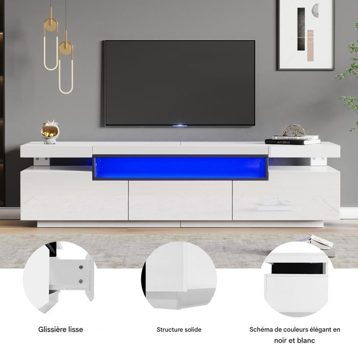 Elegantti kiiltävälakattu TV-taso LED-valaistuksella, 3 laatikkoa, valkoinen, olohuoneen kalusteet, 160 x 39 x 42 cm