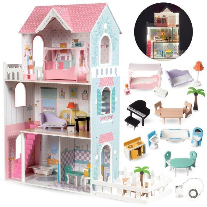 Grande casa delle bambole in legno per bambini - Mamabrum - Illuminazione a LED 123x34x114 cm, 3 piani, terrazza - Gioco di ruolo