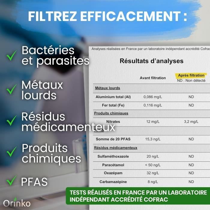 Cartouches Filtrantes pour Filtre à Eau par Gravité, Certifiées NSF, Compatible Filtre Berkey et Berkefeld Pack de 4 - Orinko