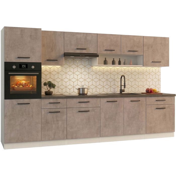 Cuisine complète VIKI Béton gris 300 cm avec colonne four 9 éléments 18 mm