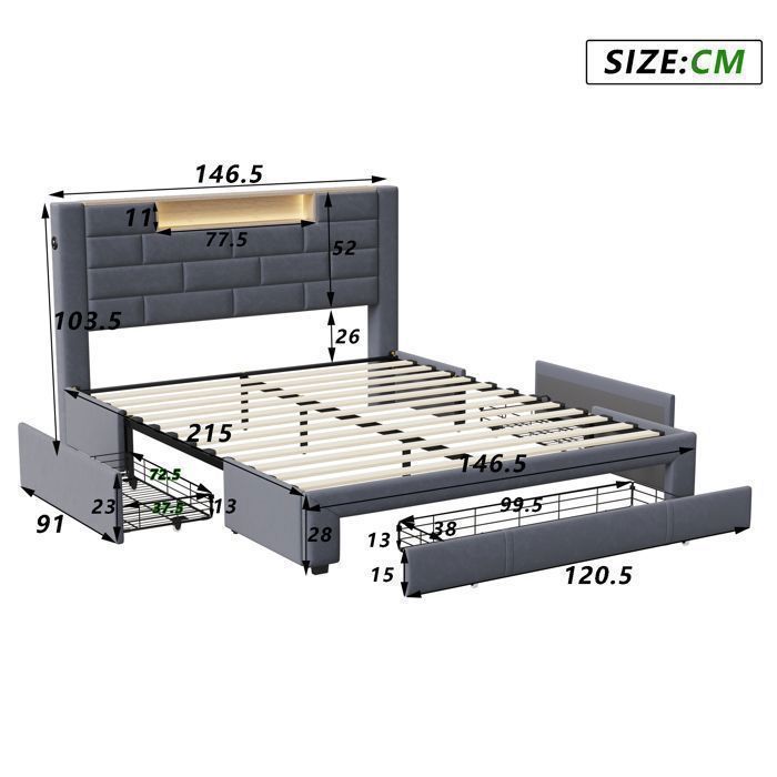 Cama de 140x190 cm - COZY - LED - tela de terciopelo - estructura de cama doble de 140x190 cm - gris