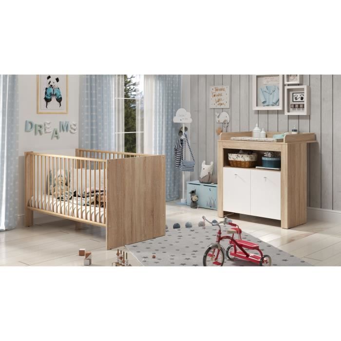 Conjunto PIA Baby Room Duo - Berço 70x140 cm + Cômoda com Trocador de 2 Portas - Acabamento em Carvalho Sonoma e Branco Fosco - TRENDTEAM