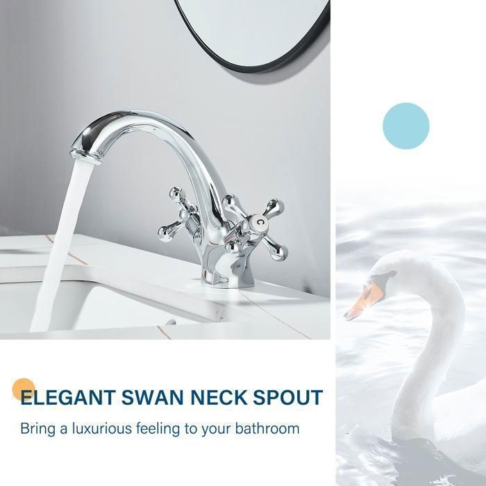 Robinet salle de Bain Fixe Chromé,Mitigeur Lavabo Double Poignée Eau Chaude et Froide Disponible