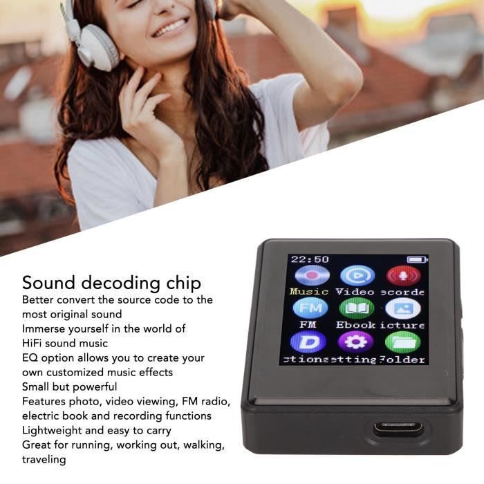 Reproductor MP3/MP4, Bluetooth 5.0, pantalla de 1,77 pulgadas, HiFi, radio FM, reproductor de vídeo, incluye tarjeta de memoria de 32 GB.
