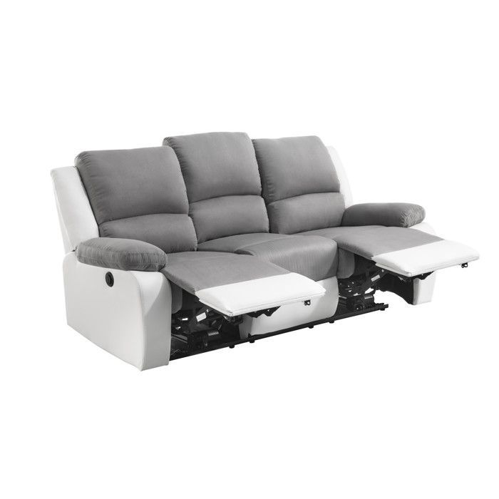 Sofá reclinable eléctrico LEO de 3 plazas en microfibra y piel sintética - Blanco y gris - 193 x 93 x 96 cm - LOUNGITUDE
