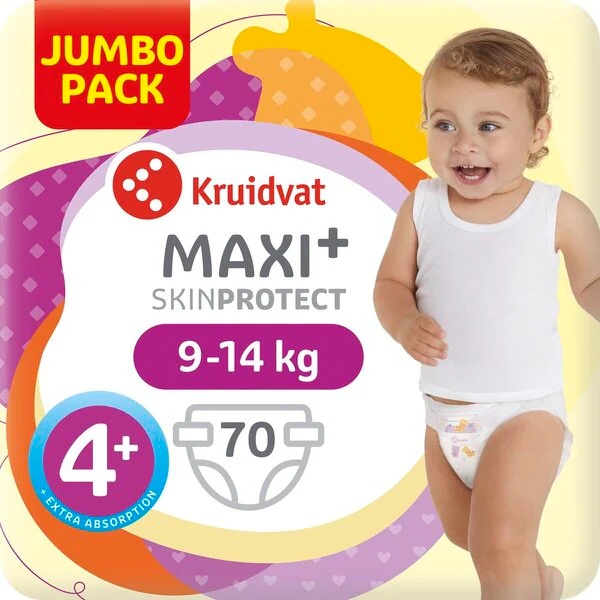„Kruidvat 4+ Maxi Plus“ sauskelnės, didelė pakuotė, 4+ dydis (9–15 kg), 70 vnt.