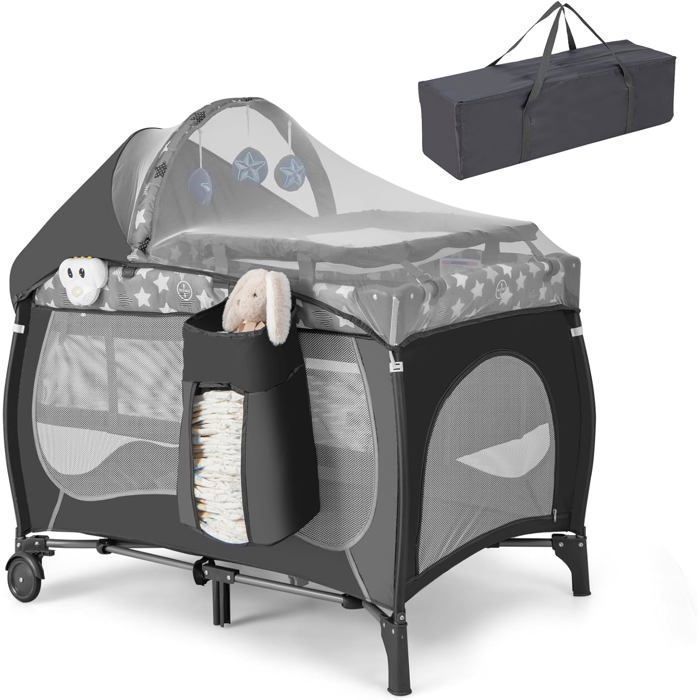 COSTWAY 5-in-1 Folding Baby Travel Cot with Mattress, Hanging Toys, Music Box, Removable Canopy, 2 Wheels, 0-3 Years, 15KG, Grey