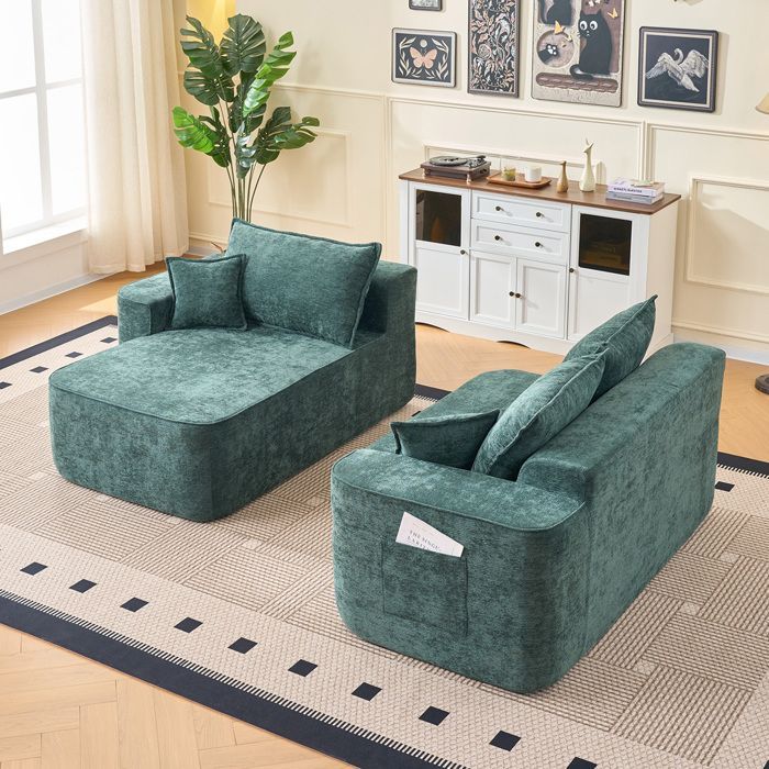 Canapé d'angle en L « Cloud Couch » avec méridienne, assise profonde XXL, livré monté, canapé modulable en chenille verte pour salon