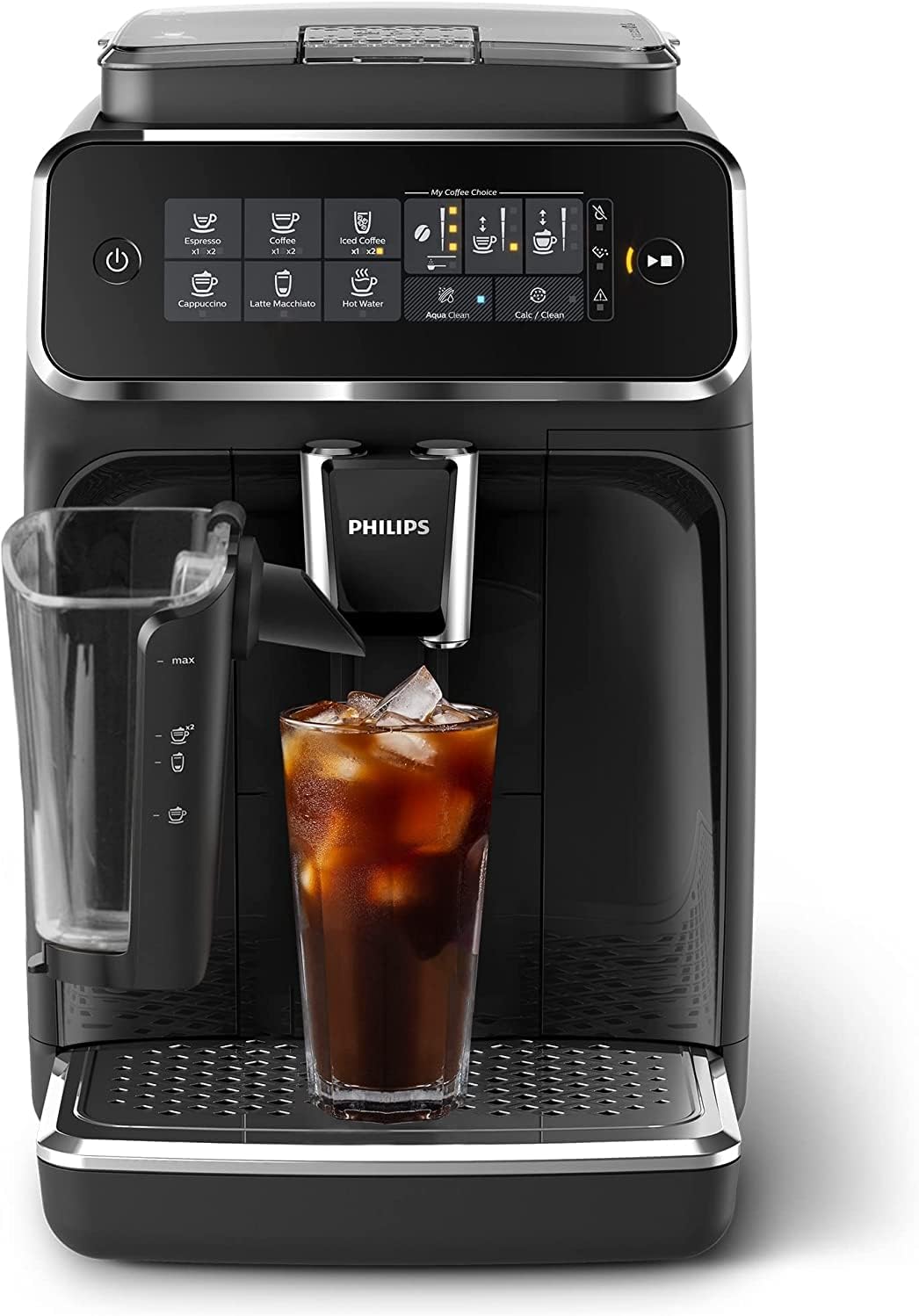 Plně automatický espresso kávovar Philips řady 3200 – napěňovač mléka LatteGo a ledová káva, 5 druhů kávy, intuitivní dotykový displej, černý (EP3241/74)