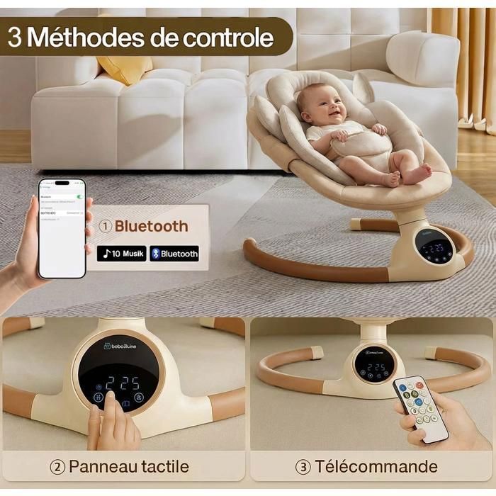 BEBE2LUXE ALPHA: Balancelle bebe/Transat bebe électrique jusqu'a 9kg, bluetooh pour smartphone, harnais de sécurité 5 points
