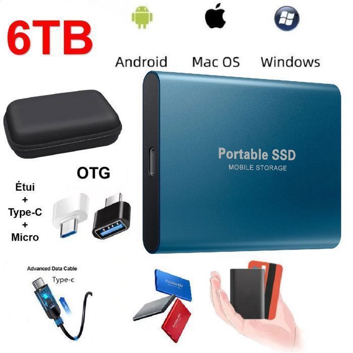 Disco rígido externo WOSHITE - SSD portátil de 6 TB - Adaptador OTG - Estojo de proteção - USB 3.0