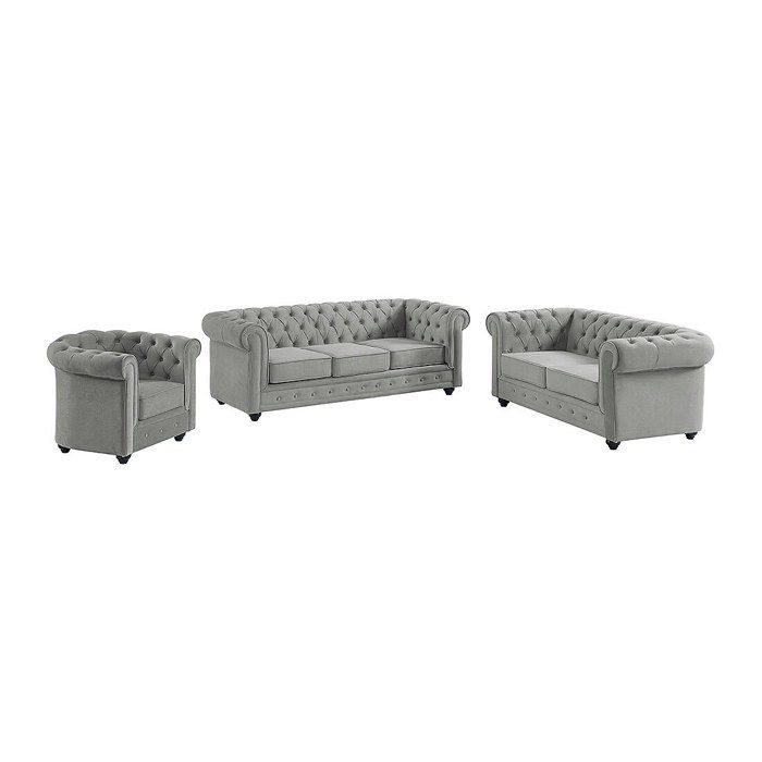 Sofá de 3 plazas, sofá de 2 plazas y sillón Chesterfield - Terciopelo gris claro