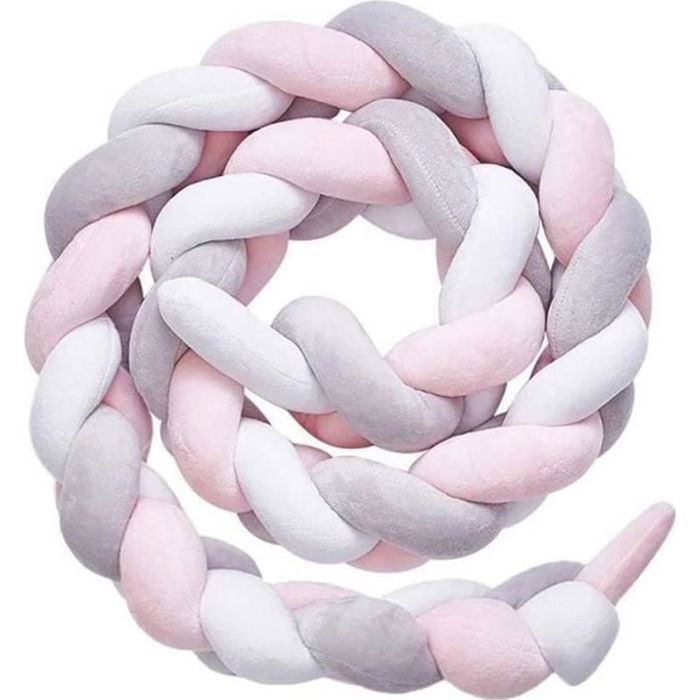 Protector de cuna 3M con diseño de serpiente, cojín trenzado de terciopelo, protección para bebés, color gris, blanco y rosa.