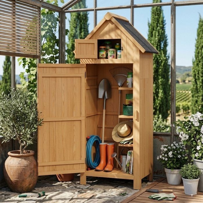 Caseta de jardín - Bealife - Madera de abeto - 3 ganchos - 3 estantes extraíbles - Techo de betún impermeable - Almacenamiento exterior - 180 cm de altura