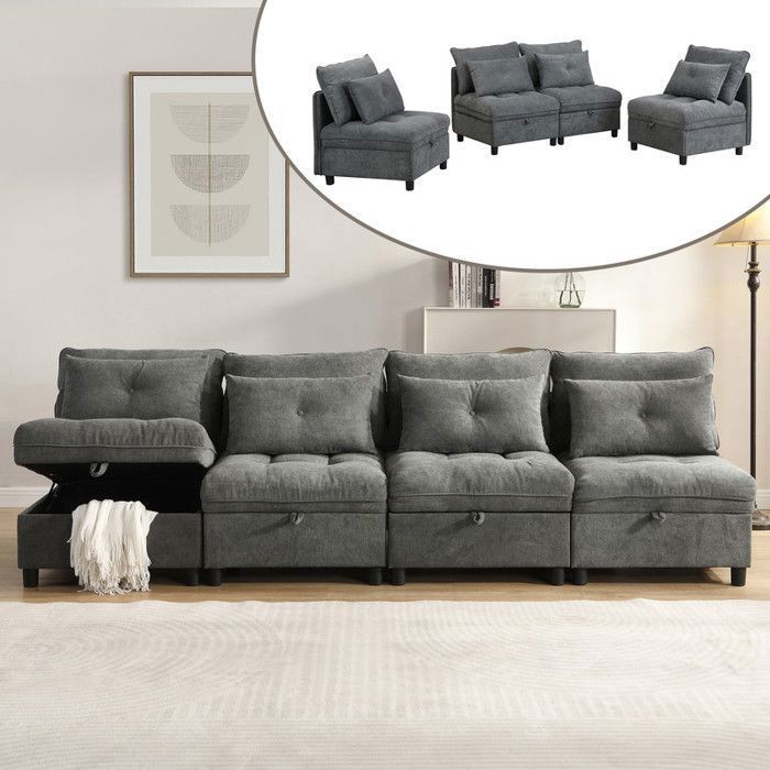 Set di divani modulari a 4 posti - pianificazione flessibile dello spazio con combinazione divano-letto - grigio