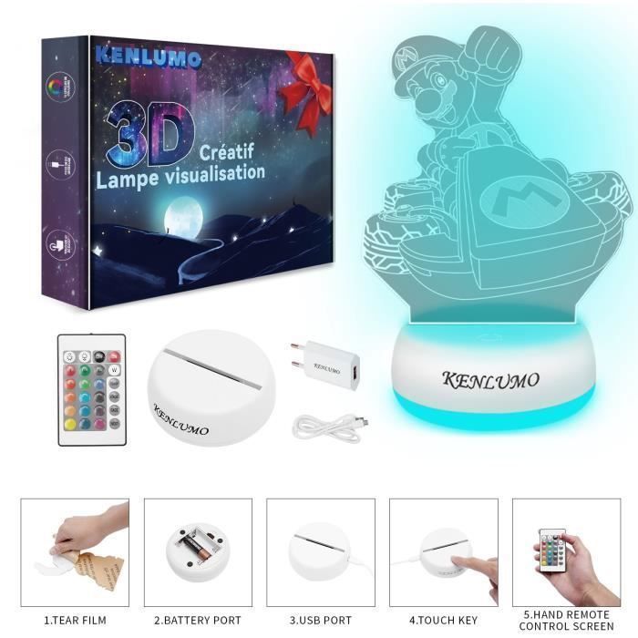 KENLUMO Veilleuse Noël Enfant Cadeau Lampe de nuit LED mario kart Lampe de chevet télécommande Touchez pour changer de couleur