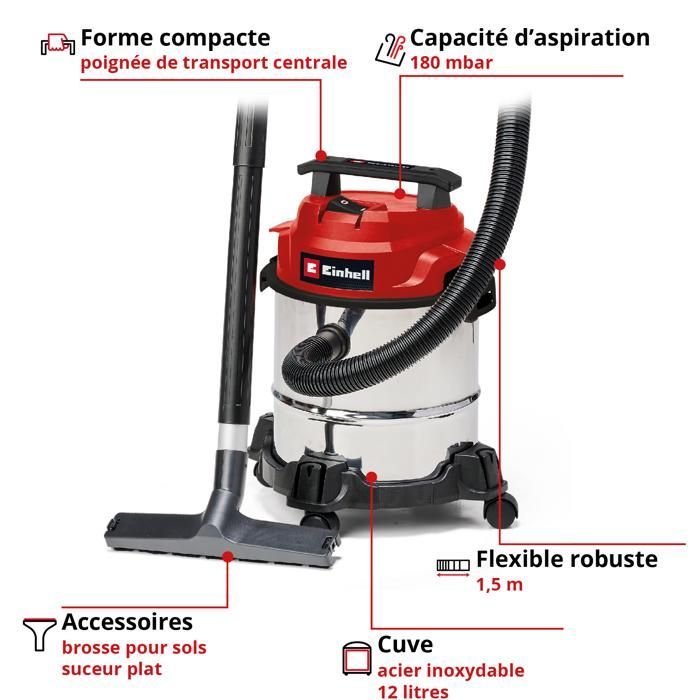 Aspiradora en seco y húmedo Einhell TC-VC 1812/1 S (1250 W, depósito de 12 L, 180 mbar). Incluye accesorios.