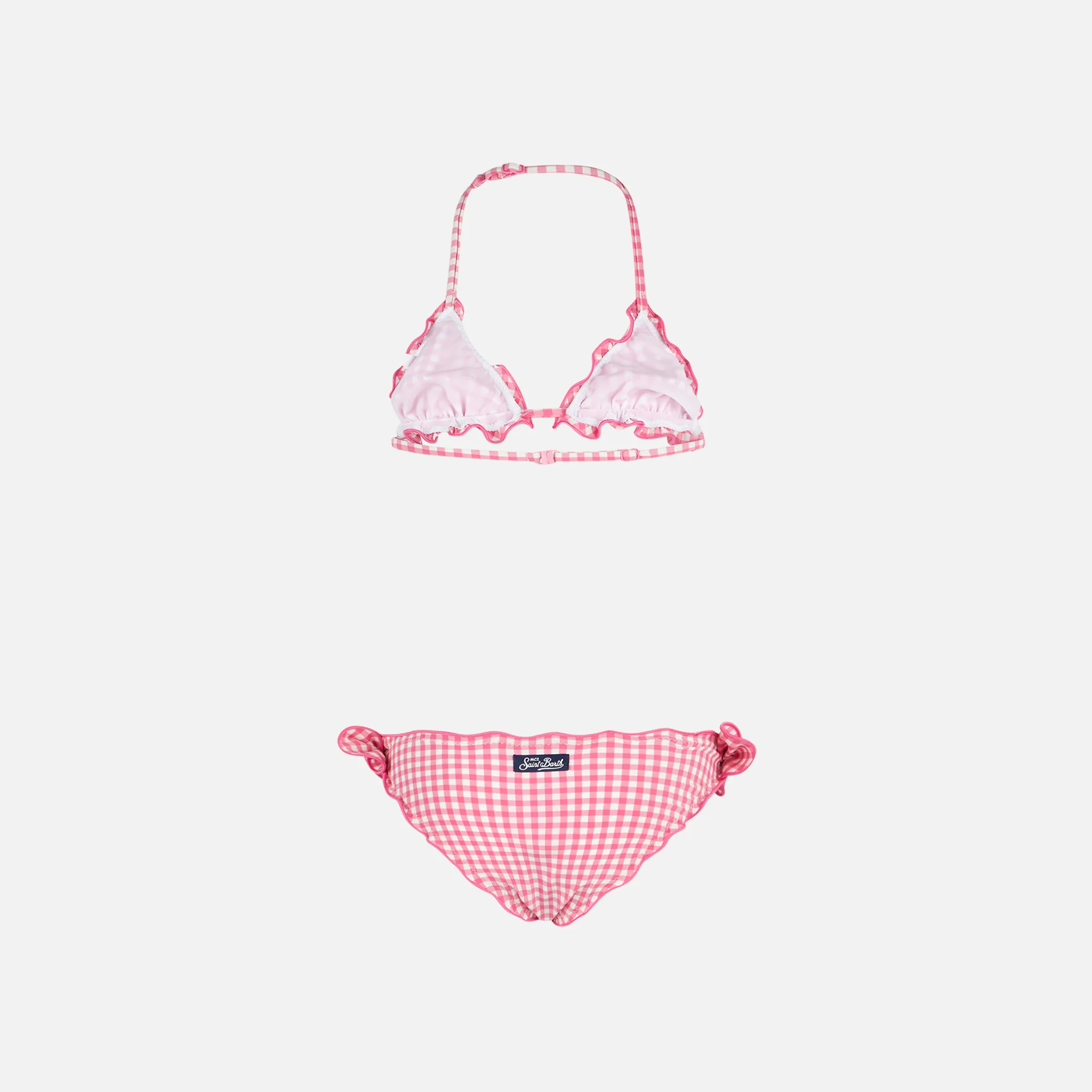 Bikini triangular para niña con estampado de cuadros vichy rosa.