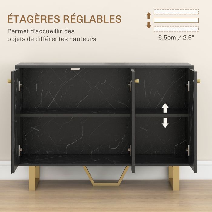 Aparador de salón HOMCOM con 2 armarios de tres puertas y estante ajustable, patas metálicas, efecto mármol negro.