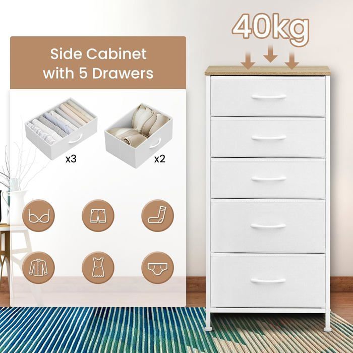 Commode - WOLTU - Opbergkast - 5 stoffen lades - MDF en metaal - Wit W0ITT5009