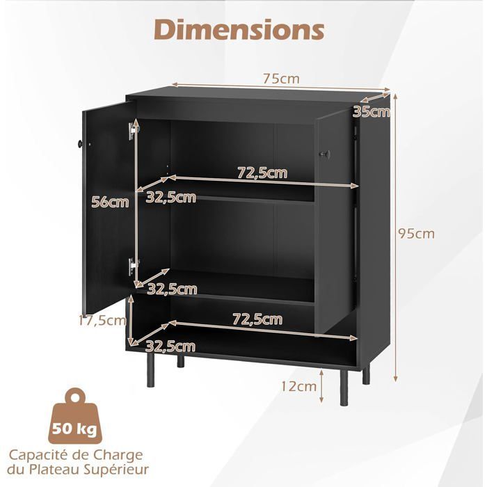 COSTWAY Buffet de Cuisine à 2 Portes, Étagère Réglable, Kit Antibasculement, Meuble de Rangement pour Salle à Manger Salon, Noir