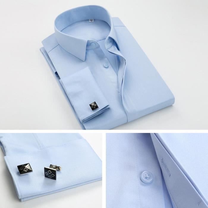 Camicia da uomo slim fit elegante con polsini alla francese, maniche lunghe, tinta unita - azzurro