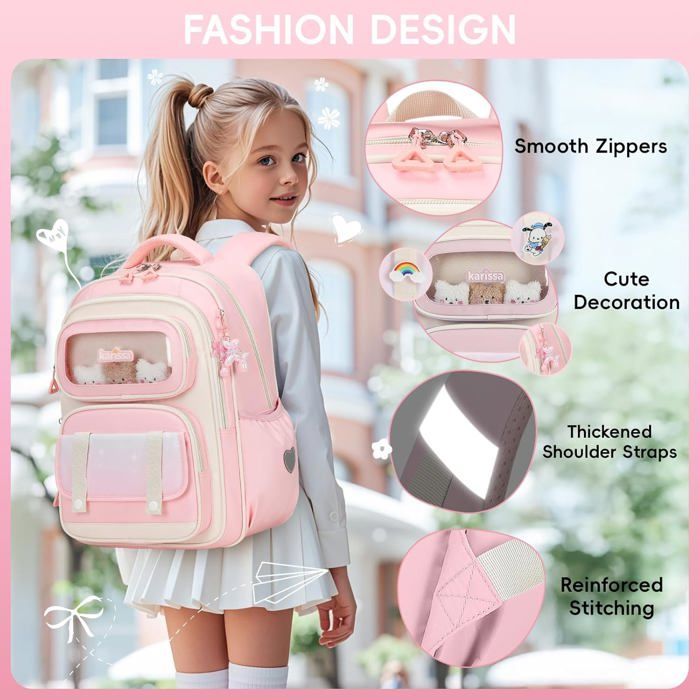 Cartable Primaire pour Filles Sac à Dos Ergonomique pour Enfants du CP au CM2 Sac d'école Décontracté avec Pendentif 20 Litres Rose