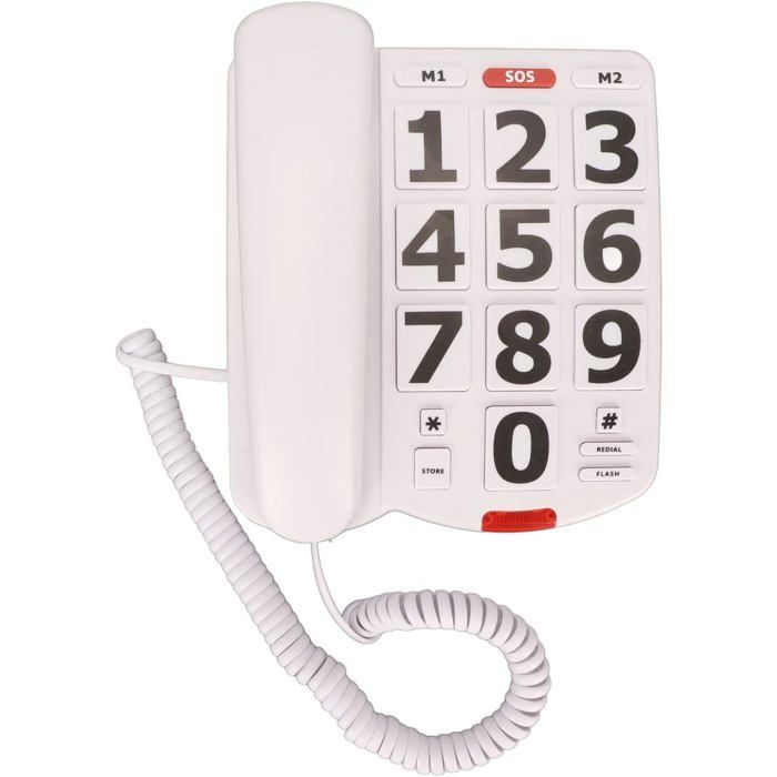 Téléphone filaire à gros boutons - FEBEST - Sonnerie extra forte - Volume réglable - Cordon long