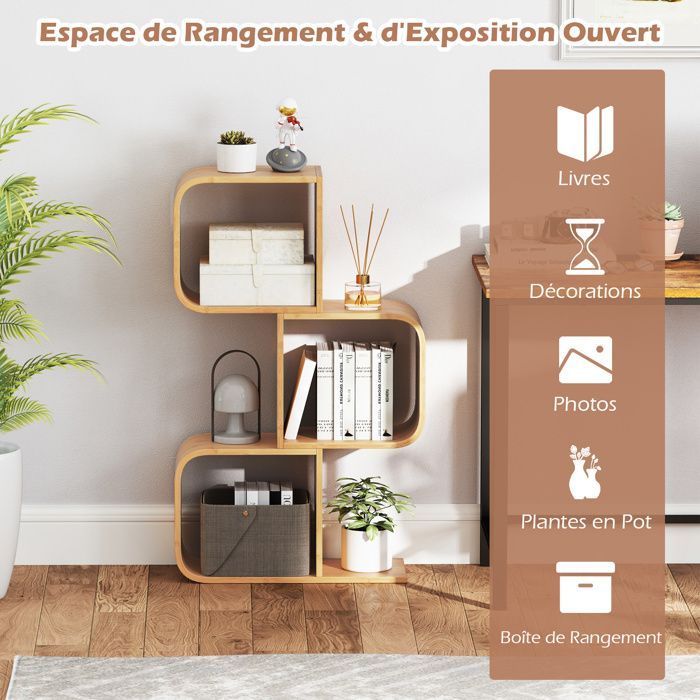 COSTWAY 3-Tier 'S' Shaped Bookshelf, 3 Open Cubes, Bamboo Floor Storage Shelf for Living Room Office, Natural