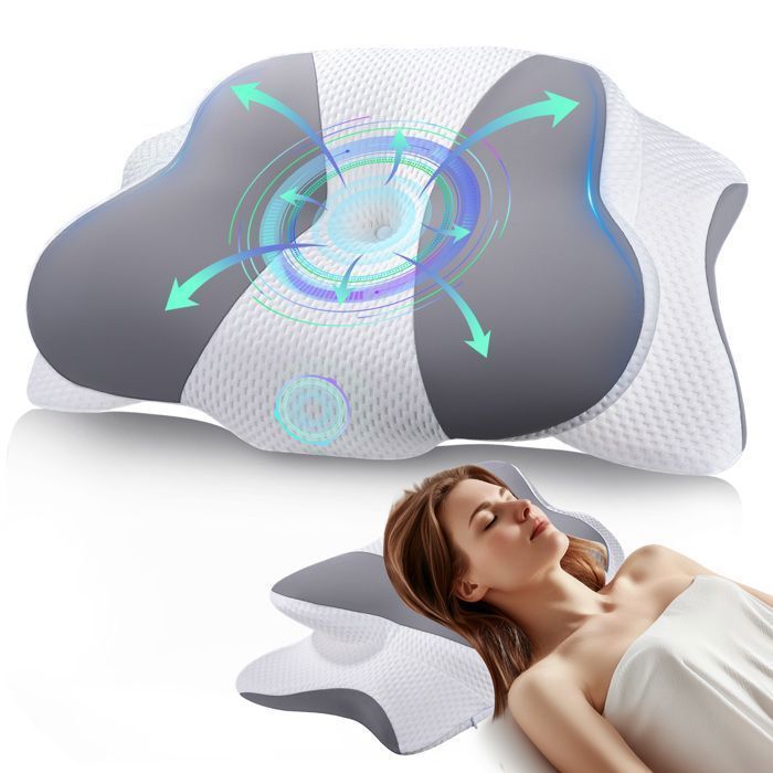 Almohada cervical ergonómica de espuma viscoelástica, alivia el dolor y mejora la calidad del sueño, 64 x 39 x 10/14 cm, gris.