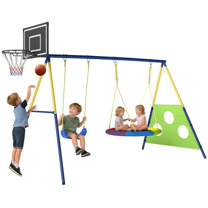 Columpio infantil AIYAPLAY 4 en 1: columpio nido, portería de fútbol, estructura de acero, para niños de 3 a 8 años, multicolor.