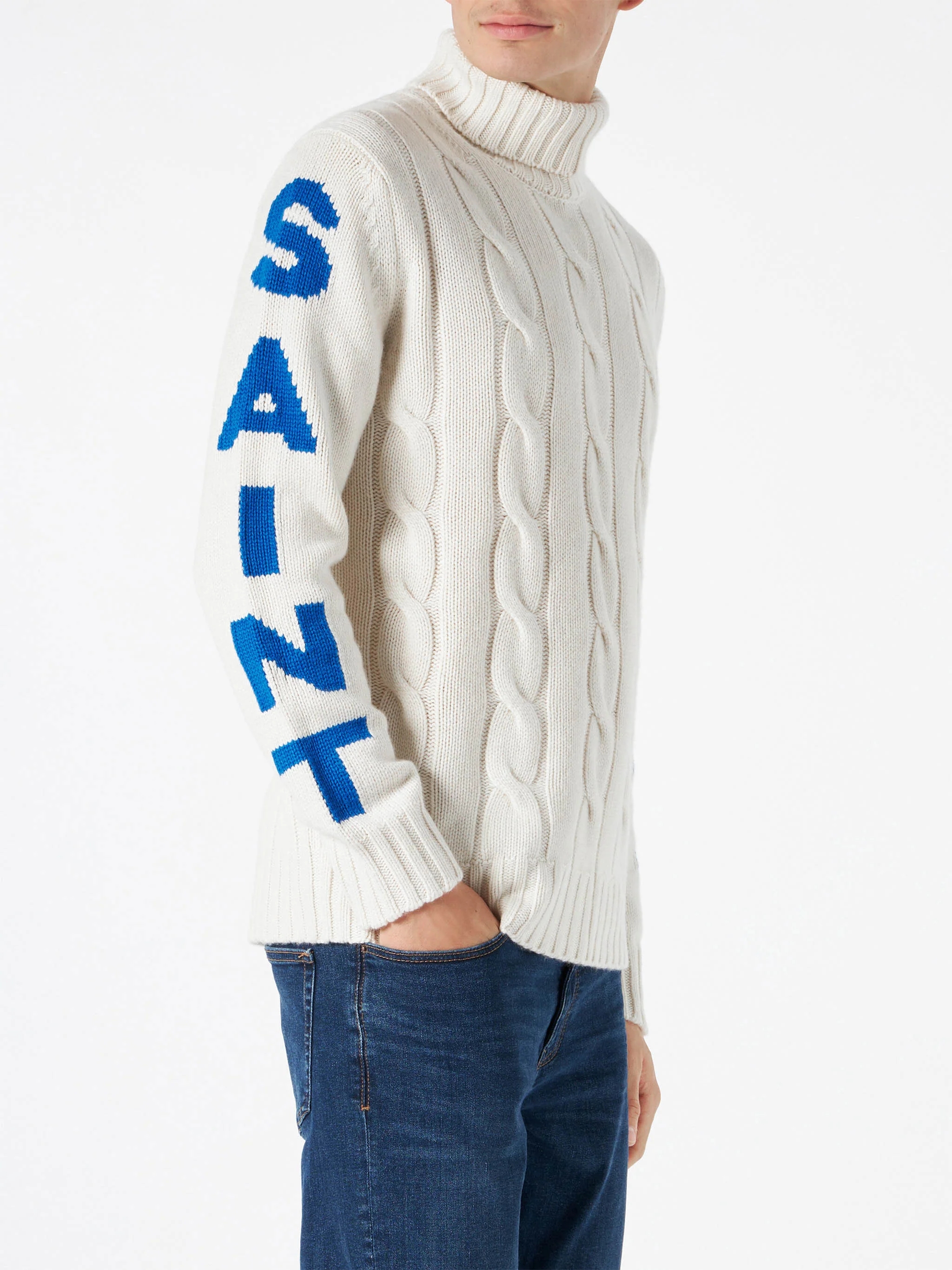Gewebter Herren-Rollkragenpullover mit Saint-Moritz-Print