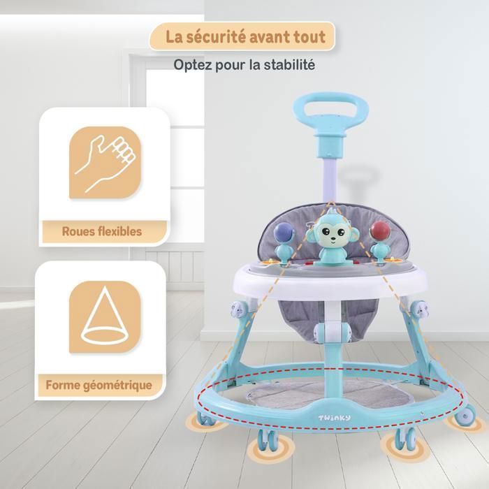 Twinky® Babywalker 3-en-1 | Bleu | Trotteur Bébé Évolutif & Luxe | Trottinette, Tapis Pieds & Poignée | Premiers Pas Ludiques