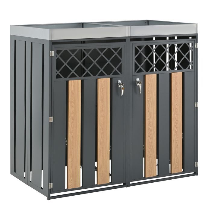 Cobertizo para contenedores HOMVRA, tapa de 2 compartimentos con jardinera integrada, puertas ventiladas en forma de diamante, acero, gris.