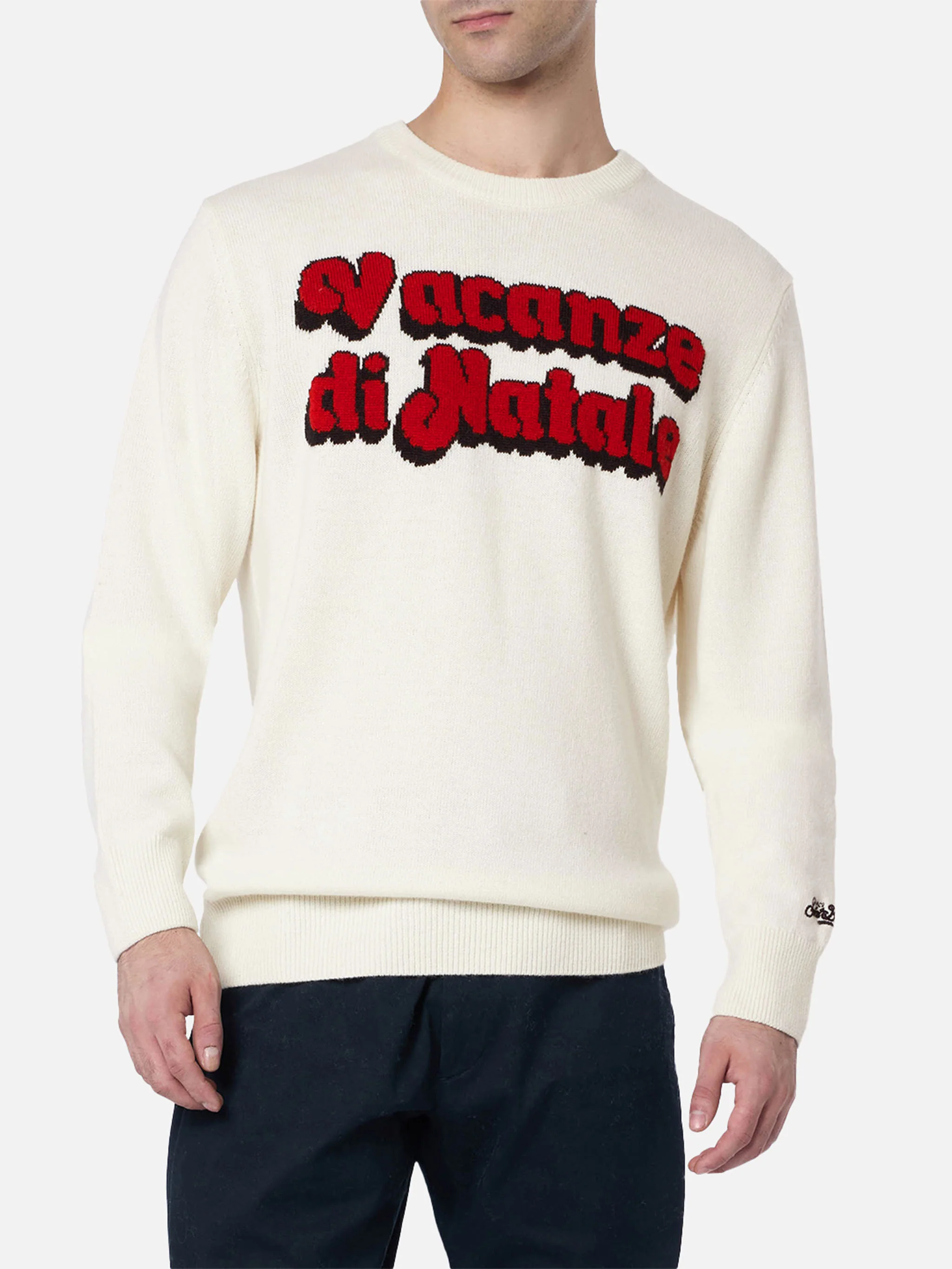 Heron White Crew-Neck Sweater – Ribboordkraag en -manchetten, speciale kersteditie met jacquardprint en St. Barth-logo | MC2 Saint Barth