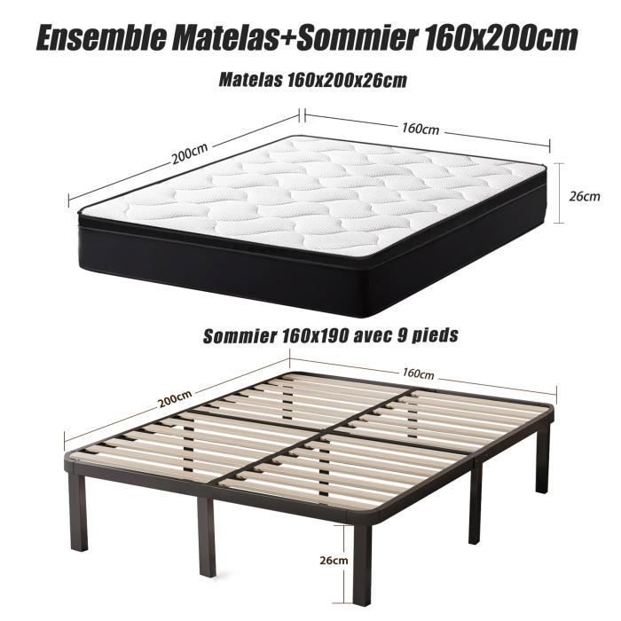 Colchón y base de cama de 160x200cm - FRIXOVEL - Espuma viscoelástica - Equilibrado - Buena independencia para dormir