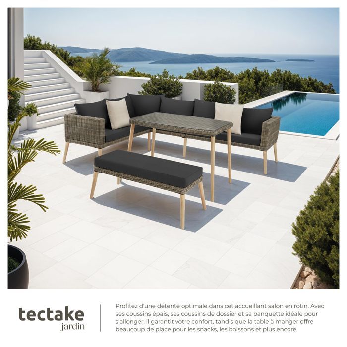 Salon de jardin - TECTAKE - Canapé lounge d'extérieur PULA avec cadre en aluminium et plaque en verre - Marron Naturel
