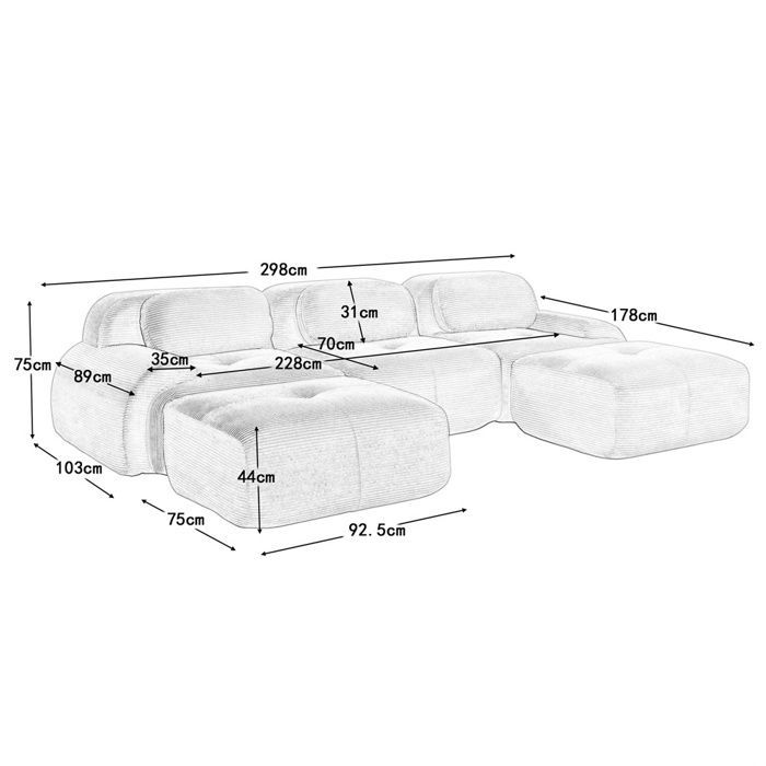 DRIPEX Canapé 3 places d'angle modulable-en Velours côtelé - avec 3 oreillers et 2 pouf - 298x178x75cm - Vert