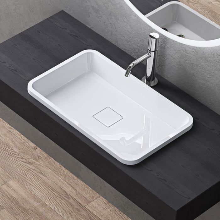 Lavabo empotrado Doporro, blanco, 53 x 33 x 10,5 cm, lavabo rectangular con tapa de desagüe, Colossum104