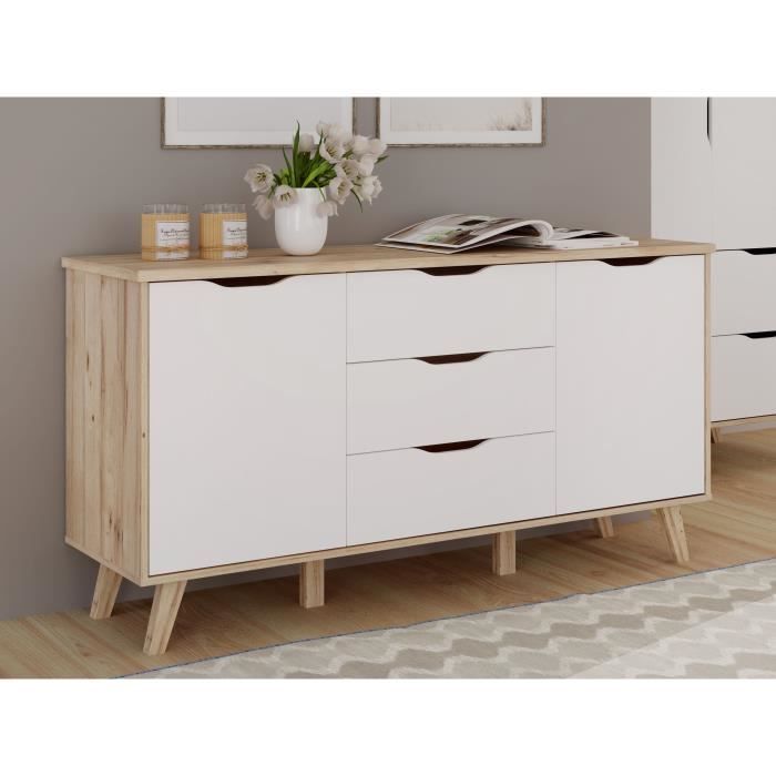Buffet 150 cm - VANKKA - Chêne / Blanc mat - 2 portes - 3 tiroirs