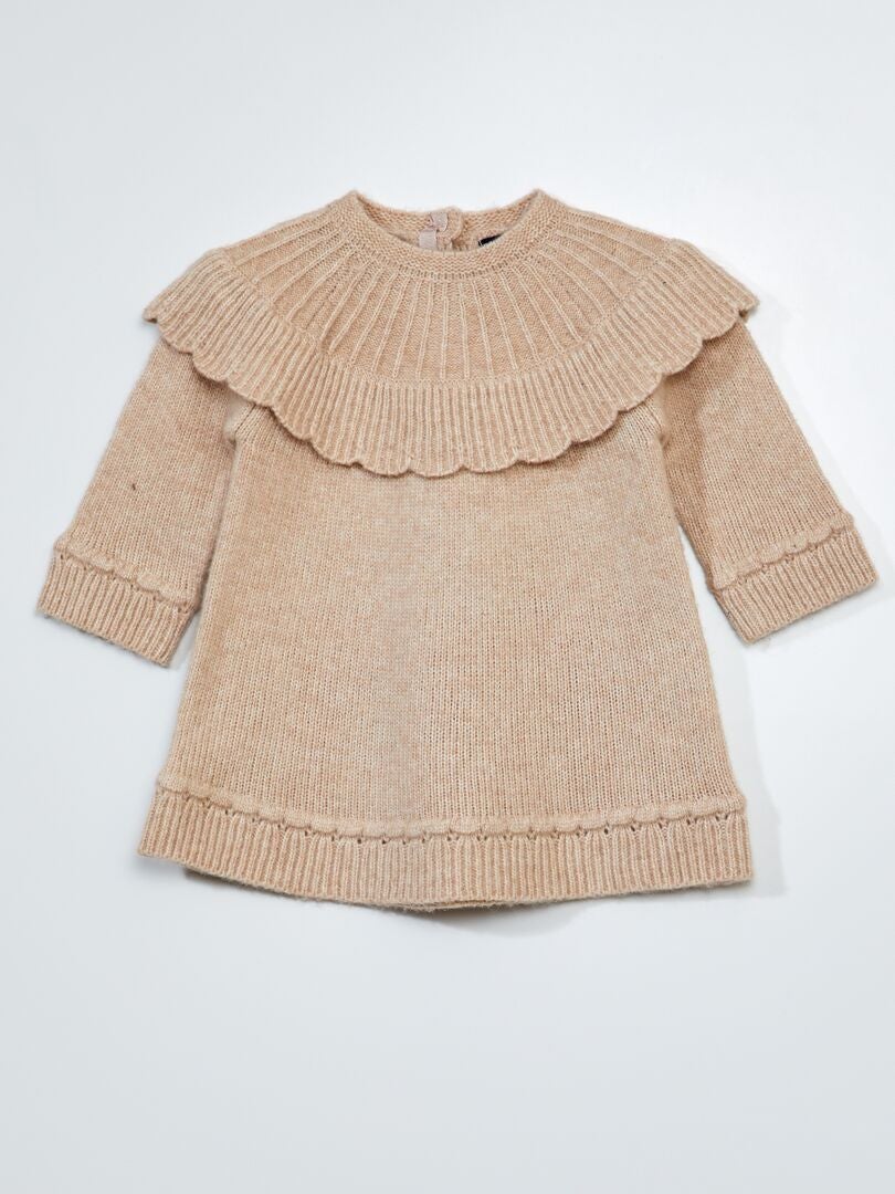 Gebreide jurk met kraag met patroon - Beige