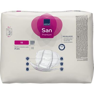 Abena San Premium 360 -vuotosuojat, 11 inkontinenssisuojaa, anatominen muoto, 21 kpl