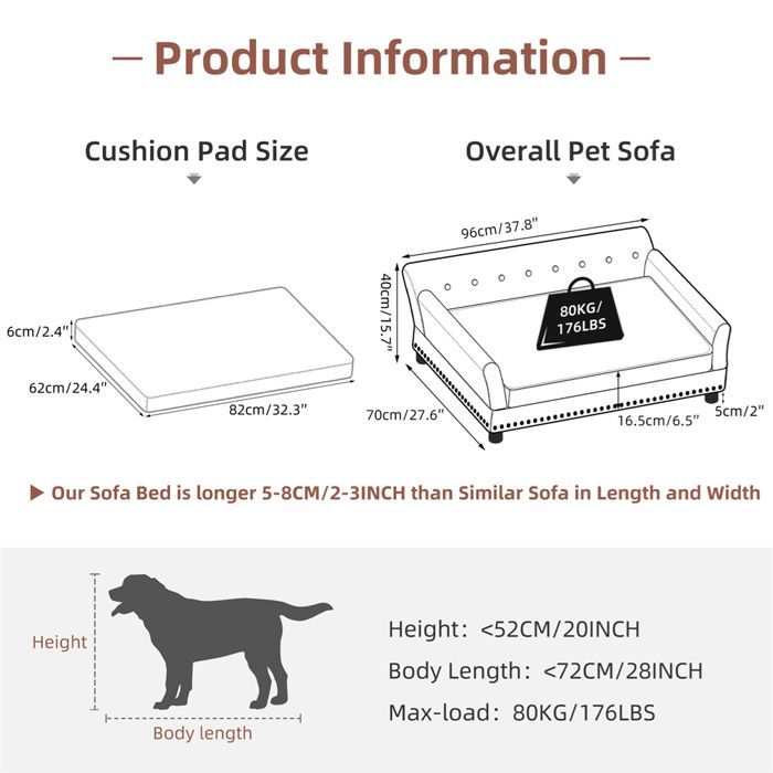 Sofá de couro para cães - Cama alta com capa removível 96x70x40cm