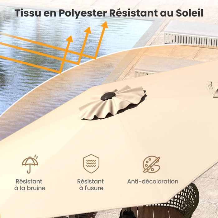 Parasol de Jardin 230cm - COSTWAY -Angle Réglable 35°- Inclinaison par Bouton-Poussoir -Manivelle-Toile Ventilée pour Terrasse Beige