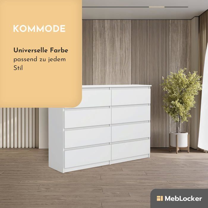 8-drawer chest - Meblocker - 140 cm - Spacious Storage Unit - Living Room, Office, Bedroom & Children's Room - White