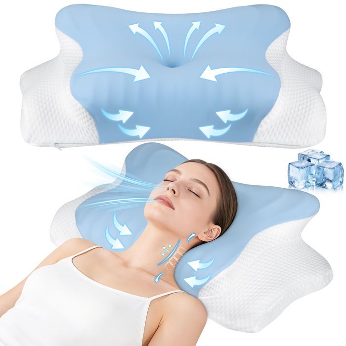 Oreiller Ergonomique Cervical , Oreiller Memoire Forme pour la Nuque Taie d'oreiller en soie glacée , 62 x 37.3 x 14.4/9cm , Bleu