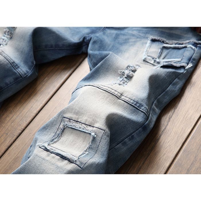 Men's Regular Fit Fashion Ripped Patch Jeans - Blue - INSFITY - Standard Size - 100% Cotton