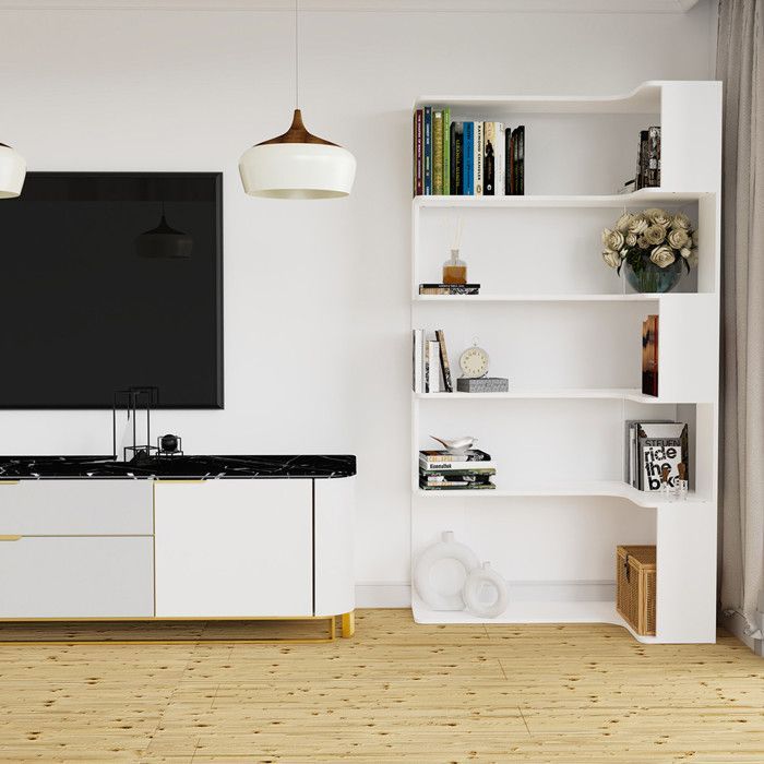 5-laags boekenplank - VIVOLILV - L-vormige hoekplank in wit hout - Opbergmeubel - 90 x 48 x 169 cm