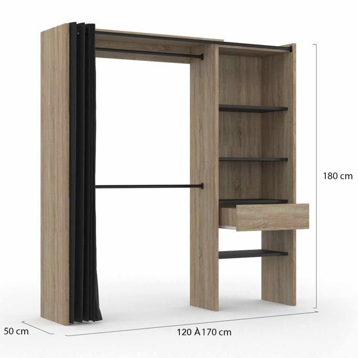 IDMARKET Dressing extensible MARTY 120/170 x 50 x 180 cm hêtre avec étagères + double penderie + rideau noir